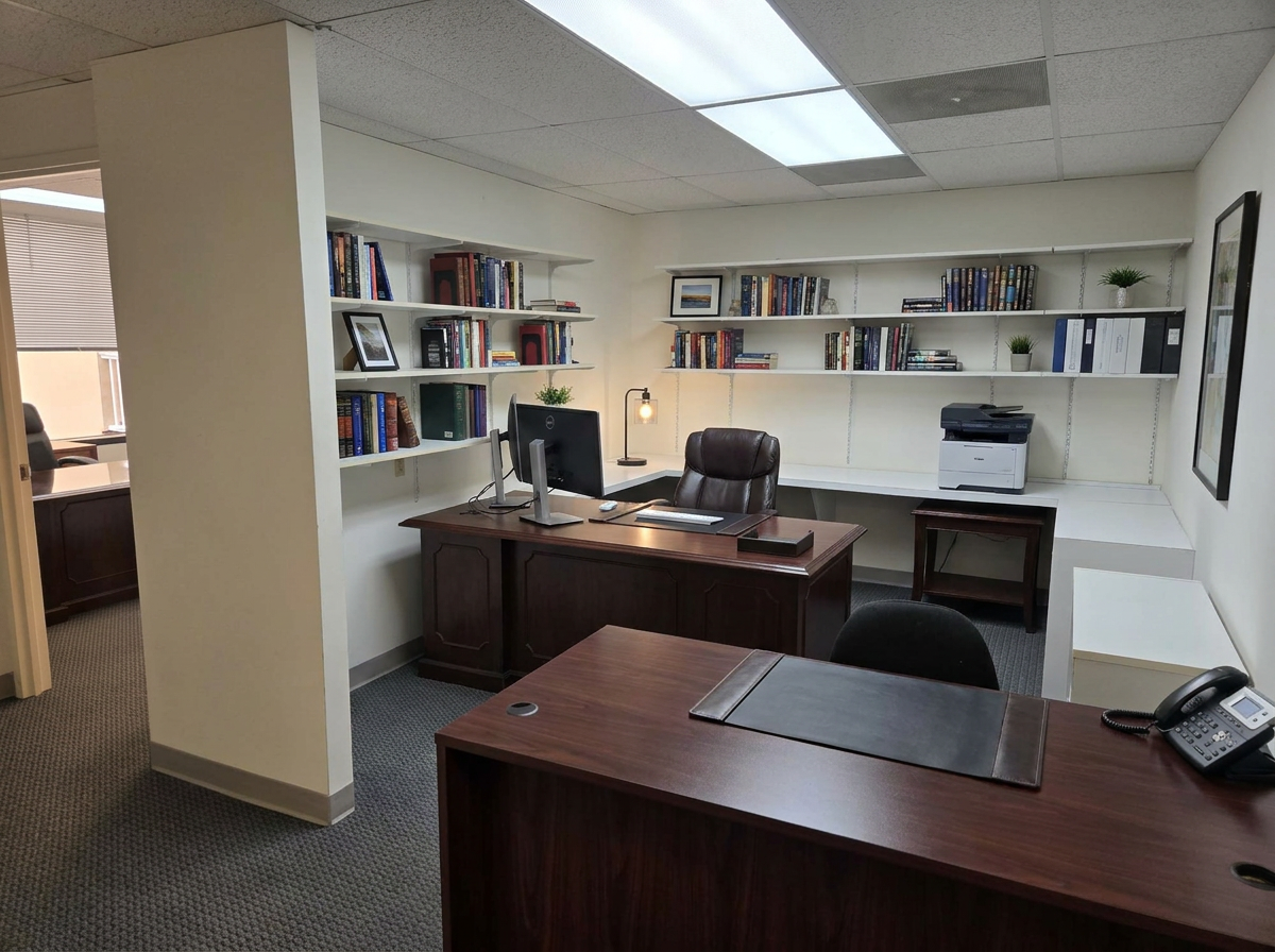Private office with desk and shelving